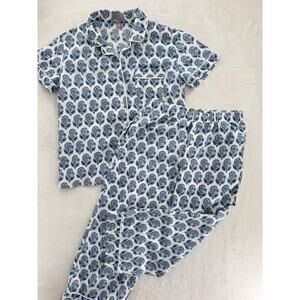 J. Crew Short Sleeve Linen Cotton Pajama Set Bouquet Block Print Women's XS S